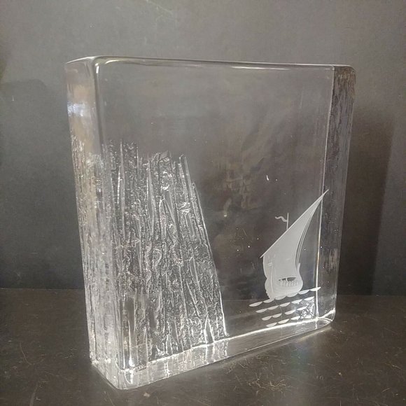SKRUF SWEDEN VIKING SAIL HEAVY CRYSTAL SLAB SCULPTURE